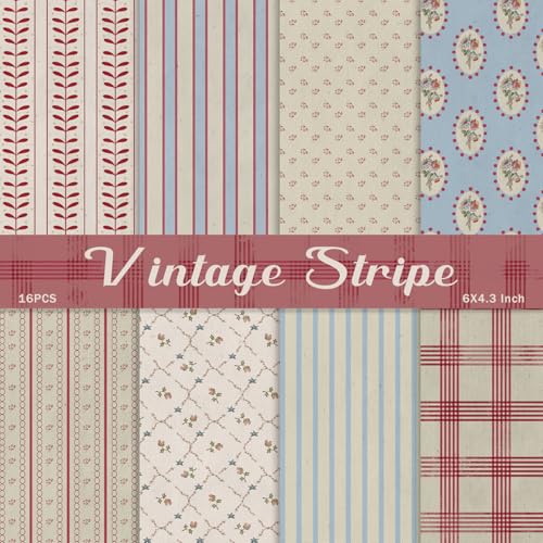 PRSTINCOL Scrapbook Paper,16 Sheets 4.1x5.8 Inch Vintage Stripe Style Scrapbook Supplies,Single-Sided Vivid Origami Decoupage Paper for DIY Crafts, Card Making, Art Journaling - color: Vintage Stripe