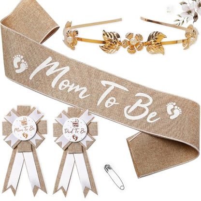 Baby Shower Sash Decorations, Mom to Be Sash Dad to Be Corsage Pin 3Pack Set, Blue Flower Mommy to Be Belt for Maternity Dress (Neutral)