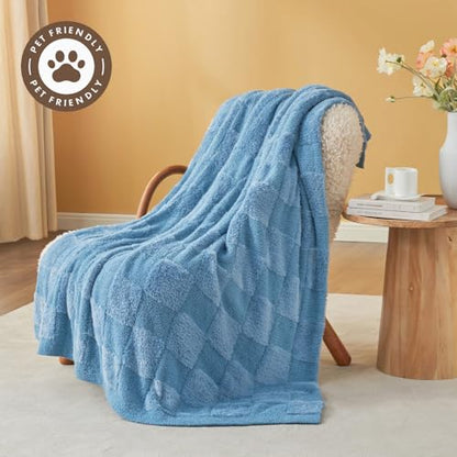 Snuggle Sac Faux Fur Checkered Blanket Twin Size with Soft Knitted Microfiber Fabric,Cozy Soft Warm Blanket for Sofa Bedroom Living Room,Solid Blue,60x80 inches - color: Solid Blue, size: Twin(60"x80")
