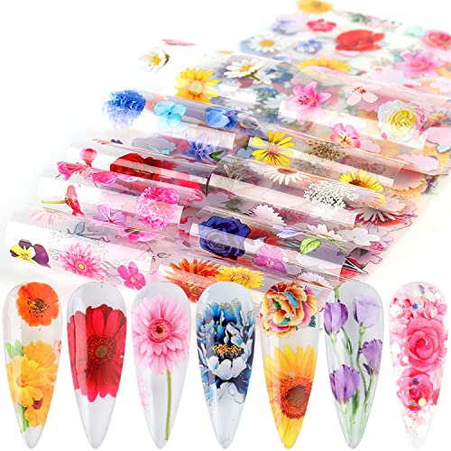 Colorful Flowers Nail Foil Transfer Stickers Sun Flower Foil Decals Rose Tulip Nail Art Sticker Floral Supplies for Women Manicure Tips Decorations Flowers Film 10 Sheets - style: Sunflower and Rose