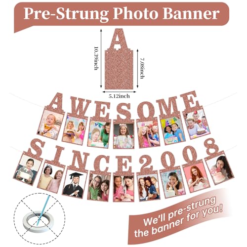 Pre-strung Awesome Since 2008 Photo Banner Birthday Decorations for Girls Women- Pink Rose Gold Glitter Happy 18th Birthday and Anniversary Decorations Party Supplies - style: Pink Rose Gold 18th