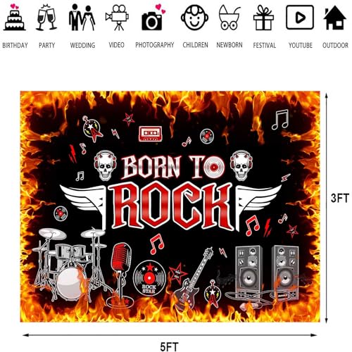 Born to Rock Backdrop, 5x3ft, 1950s Rock 'n' Roll Flame Photography Background Theme Party Supplies Birthday Decor Banner Photo Booth Props - size: 5x3