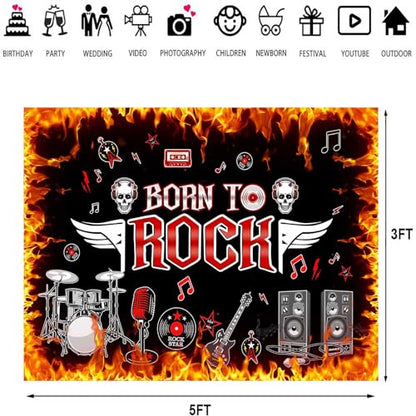 Born to Rock Backdrop, 5x3ft, 1950s Rock 'n' Roll Flame Photography Background Theme Party Supplies Birthday Decor Banner Photo Booth Props - size: 5x3