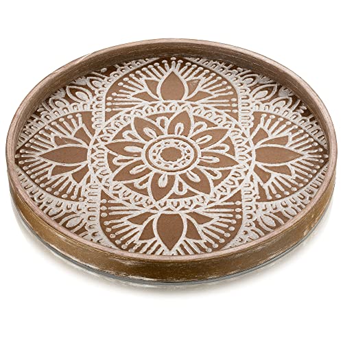 Hanobe Round Decorative Tray for Table: Boho Coffee Table Trays for Home Decor - Mid Century Farmhouse Circle Wood Serving Rustic Bohemian for Kitchen Counter Women - color: Lotus Brown, size: 11.8"