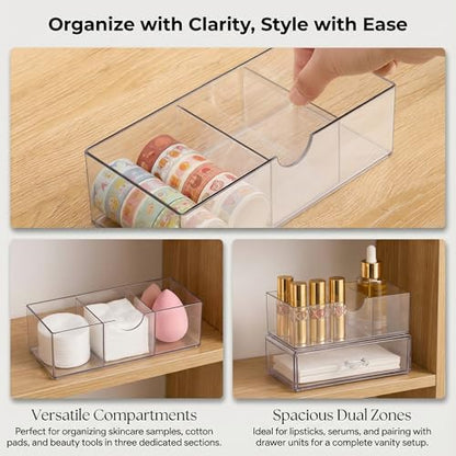 2-Layer Clear Acrylic Vanity Organizer with Adjustable Dividers, Stackable 3-Compartment Storage Box for Makeup, Hair Accessories, Skincare, Bathroom, Desk - 8.07" x 3.94" x 2.76"