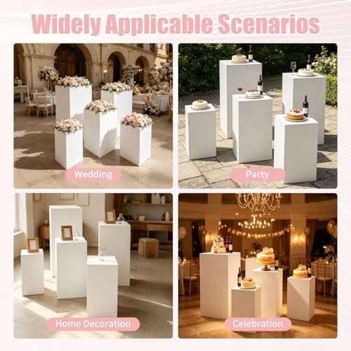 5PCS Iron Square Pedestal Stands, White Dessert Table Cube Display Pillars, Wedding Party Art Decor Display Column for Patios, Corridors and Entrances (17.72-34.65in Square) - size: 17.72-34.65in Square