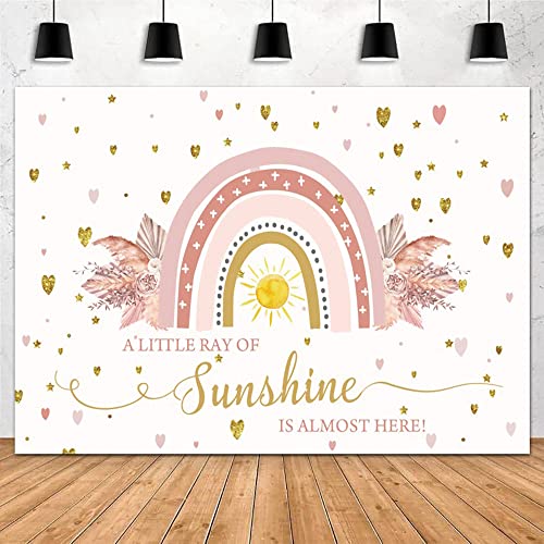 Boho Rainbow Baby Shower Backdrop 8x6ft A Little Ray of Sunshine is Almost Here Boho Pampas Baby Shower Party for Girl Cake Table Background Kids Artistic Portrait Photo Studio Booth Props - size: 8x6ft