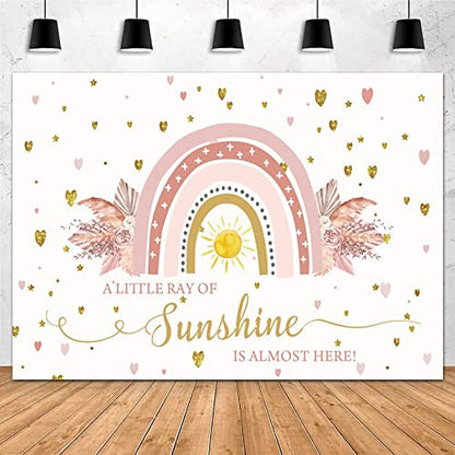 Boho Rainbow Baby Shower Backdrop 8x6ft A Little Ray of Sunshine is Almost Here Boho Pampas Baby Shower Party for Girl Cake Table Background Kids Artistic Portrait Photo Studio Booth Props - size: 8x6ft