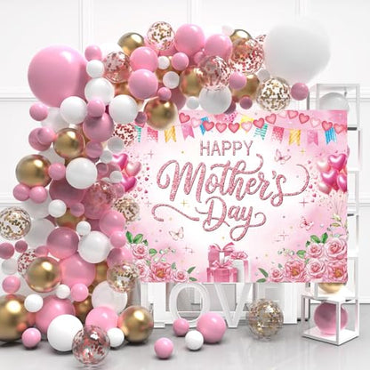 Happy Mother's Day Backdrop 8x6ft Pink Rose Floral Polyester Photography Background for Party Photo Booth Studio Banner Photoshoot Decoration - size: 8x6FT