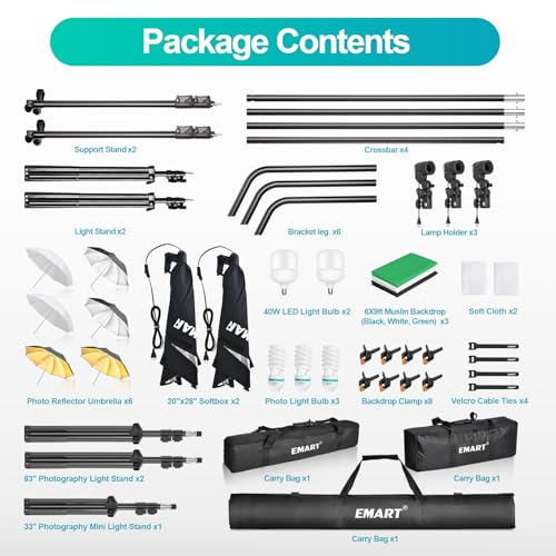 EMART Photography Lighting Kit, Softbox Lighting Kit with Background and Umbrella, 3 Color Green/White/Black Screen Backdrop Stand,Photo Studio Equipment for Video Shoot or Product Photography