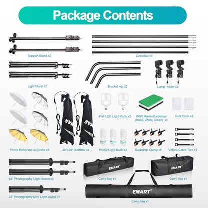 EMART Photography Lighting Kit, Softbox Lighting Kit with Background and Umbrella, 3 Color Green/White/Black Screen Backdrop Stand,Photo Studio Equipment for Video Shoot or Product Photography