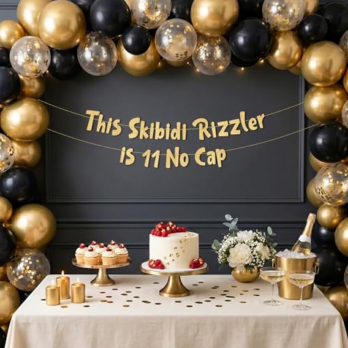 Pre-Strung This Skibidi Rizzler is 11 No Cap Gold Glitter Banner - Funny 11th Birthday Decorations for Boys and Girls - Birthday Party Supplies and Gifts