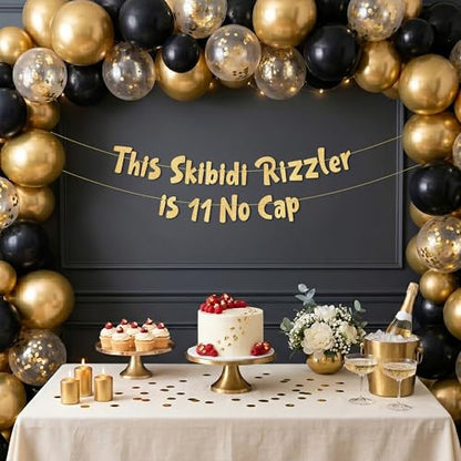 Pre-Strung This Skibidi Rizzler is 11 No Cap Gold Glitter Banner - Funny 11th Birthday Decorations for Boys and Girls - Birthday Party Supplies and Gifts