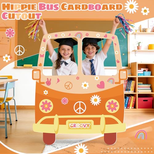 Hippie Bus Cardboard Cutout, Large 39.76 x 47.24 in Groovy Party Decoration, Retro 60s 70s Hippie Selfie Frame Photo Booth Prop, Daisy Van Life-Size Backdrop for Groovy Hippie Boho Party Favor