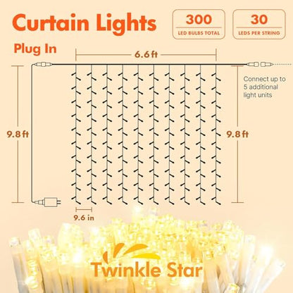 Twinkle Star 300 LED Window Fairy Curtain String Lights, 8 Modes Fairy Lights for Bedroom Wedding Party Home Garden Outdoor Indoor Wall Decorations, Warm White, 2 Pack - size: 300 LED-2PACK