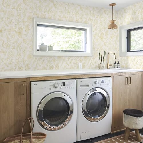 Gold Wallpaper Floral Peel and Stick Wallpaper White and Gold Wall Paper Laundry Room Contact Paper Self-Adhesive Removable Nursery Kids Room Bathroom Bedroom Shelf Liner Vinyl 78.7" x 17.3" - color: Yellow and Beige, size: 17.3" x 78.7"