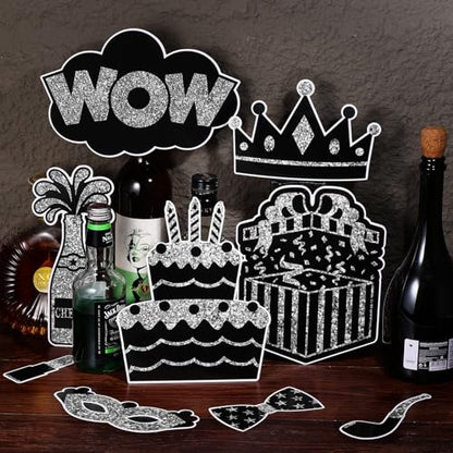 36PCS Silver and Black Photo Booth Prop, Photo Props for New Years Eve Party Supplies 2026 Birthday Party Photobooth New Year Graduation Anniversary Mother's Day Father's Day - color: Rose Gold and Black