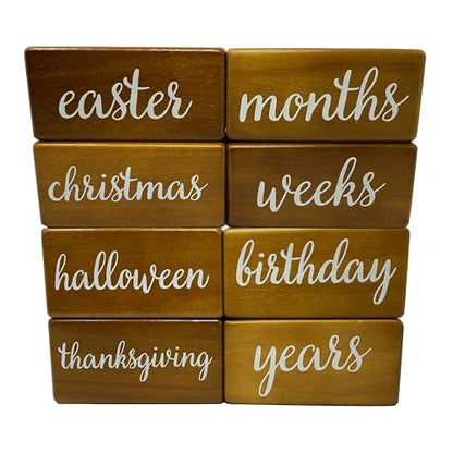Pondering Pine Baby Milestone Blocks - Natural Brown Stain Pine Wood with Weeks Months Years Grade and Holidays, Newborn Weekly Monthly First Year Picture Props, 6 Block Milestones Age Set with Bag - color: Brown, size: 6 Piece