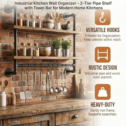 ROGMARS Industrial Pipe Shelving Bathroom Pipe Shelves with Towel Bar Over Toilet, 24 inch Pine Wood Floating Shelves for Wall Mounted Bedroom,Kitchen, Farmhouse, Living Room - color: Rustic Brown, size: 24 Inch 2 Tier