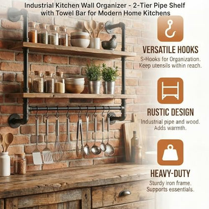ROGMARS Industrial Pipe Shelving Bathroom Pipe Shelves with Towel Bar Over Toilet, 24 inch Pine Wood Floating Shelves for Wall Mounted Bedroom,Kitchen, Farmhouse, Living Room - color: Rustic Brown, size: 24 Inch 2 Tier