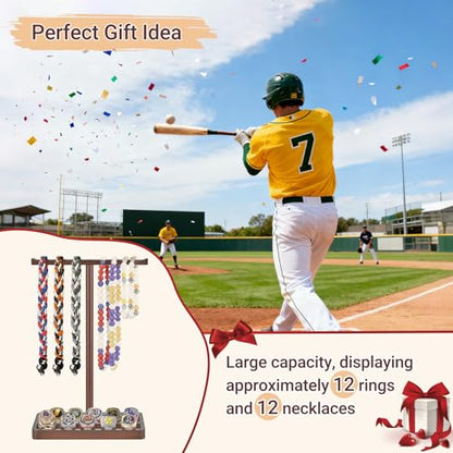 Mkono Wooden Baseball Drip Necklace Organizer Holder, Championship Ring Display Holder, Softball Ring Holder Baseball Gifts for Boy Team Player Men Home Bedroom Decor