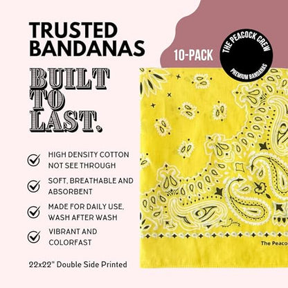 The Peacock Crew Premium Soft Cotton Bandanas Pack for Men and Women Paisley 22 x 22 inches - color: Pack of 10 Magic Yellow