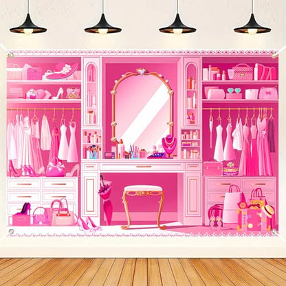 HANYING Pink Princess Cloakroom Backdrop,7x5ft Cartoon Girly Vanity Table Makeup Photography Background,Girls Birthday Baby Shower Photo Backdrop,Portrait Studio Props,HY0135YL - size: 7x5ft