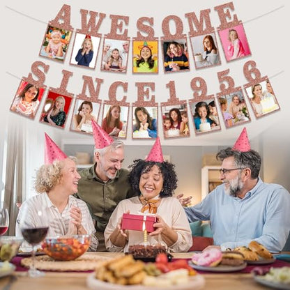 Pre-strung Awesome Since 1956 Photo Banner Birthday Decorations for Women- Pink Rose Gold Glitter 70th Birthday and Anniversary Decorations Party Supplies - style: Pink Rose Gold 70th