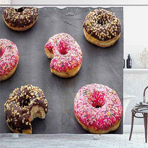 Ambesonne Donut Shower Curtain, Bitten and Whole Doughnuts on a Rustic Look Surface Bakery Print, Cloth Fabric Bathroom Decor Set with Hooks, 69" W x 70" L, Pastel Pink Brown and Ginger - color: Pastel Pink Brown and Ginger, size: 69" W x 70" L