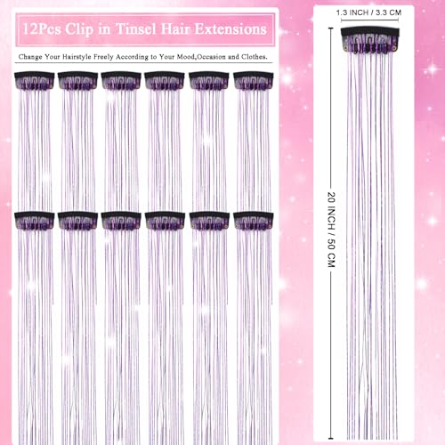 Hair Tinsel Clip in 12 Pcs Glitter Tinsel Hair Extensions 20 Inch Fairy Hair Clip in Hair Tinsel Heat Resistant Sparkly Hair Accessories for Girls Women Kids (Purple) - color: Purple