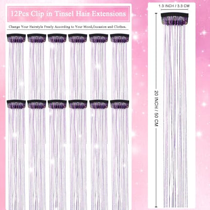 Hair Tinsel Clip in 12 Pcs Glitter Tinsel Hair Extensions 20 Inch Fairy Hair Clip in Hair Tinsel Heat Resistant Sparkly Hair Accessories for Girls Women Kids (Purple) - color: Purple