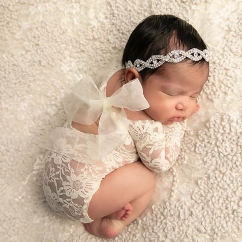 Baby Photography Props Outfit Lace Rompers Newborn Girl Photo Shoot Outfits Flower Headband Princess Costume - color: White