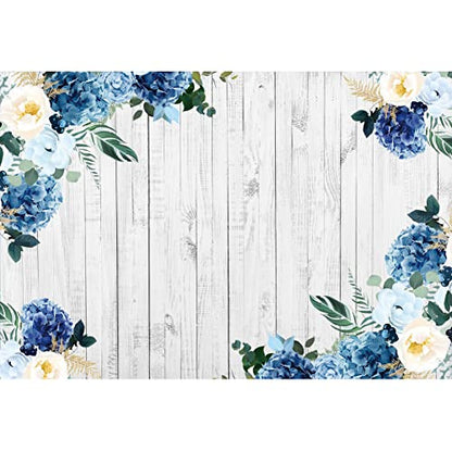 Yeele 10x5ft White Wood Backdrop Spring Rustic White Blue Floral Hydrangeas Camellia Flowers Wooden Texture Wall Photography Background for Birthday Wedding Baby Shower Decor Photo Shoot Studio Prop - size: 10x5ft