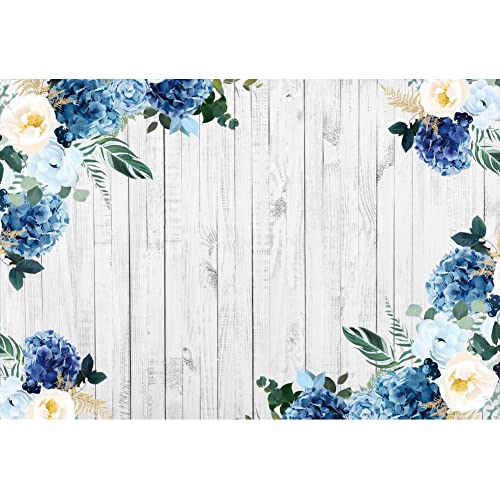 Yeele 8x4ft White Wood Backdrop Spring Rustic White Blue Floral Hydrangeas Camellia Flowers Wooden Texture Wall Photography Background for Birthday Wedding Baby Shower Decor Photo Shoot Studio Prop - size: 8x4ft