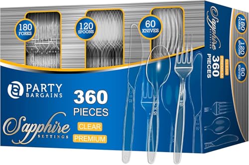 Party Bargains Disposable Cutlery set, SAPPHIRE Design, Clear Color, 360 Pieces: 180 Forks, 120 Spoons, 60 Knives - color: A Sapphire, size: 360 Pieces