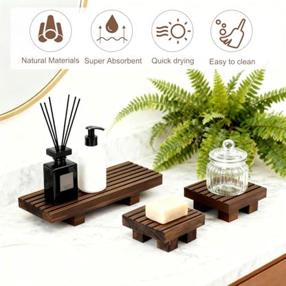 Klunk Waterproof Wood Risers Set of 3 (1 Long 8.7" + 2 Small 3.6"), Rustic Countertop Organizer Display Stands for Bathroom Vanity, Perfume & Skincare, Kitchen Spice Rack Riser, Farmhouse Decor