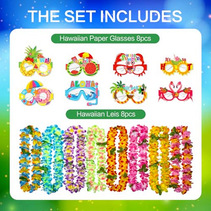 GoodUping 16pcs Hawaiian Leis Party Set with 8 Necklaces and 8 Photo Booth Glasses for Tropical Luau, Summer Beach Birthday, Pool Party Decorations & Favors - size: 16pcs