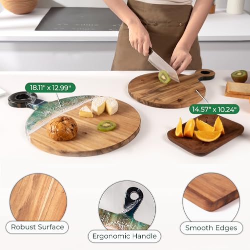 Acacia Wood Serving Board with Ocean Resin Art, 14.6" x 10.2" Charcuterie Cheese Tray for Display & Prep, Cutting Board on Back, Includes Stand & Loofah, Christmas Housewarming Gift (Round) - color: Round Cutting Board, size: 14.6" x 10.2" x 0.7"