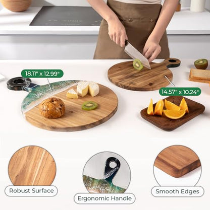 Acacia Wood Serving Board with Ocean Resin Art, 14.6" x 10.2" Charcuterie Cheese Tray for Display & Prep, Cutting Board on Back, Includes Stand & Loofah, Christmas Housewarming Gift (Round) - color: Round Cutting Board, size: 14.6" x 10.2" x 0.7"