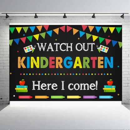 Kindergarten Graduation Backdrop 6x4ft Back to School Banner Watch Out Here I Come First Day of School Preschool Kids Classroom Party Decoration Supplies Banner Photo Booth Studio Prop - size: 6x4
