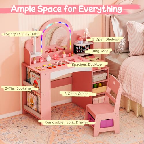 Costzon Kids Vanity, Girls Vanity Set with Lighted Mirror, Bookshelf, Jewelry Storage, Toddler Makeup Vanity Desk Dressing Table, Wooden Kids Vanity Table and Chair Set (Pink) - style: Pink