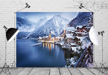 5x3ft Fabric Winter Mountain Village Backdrop Photography Austria Hallstatt Alps Mountain Background Austrian Winter Scenery Decoration Xmas Party Supplies Photoshoot Studio Props - size: 5x3FT
