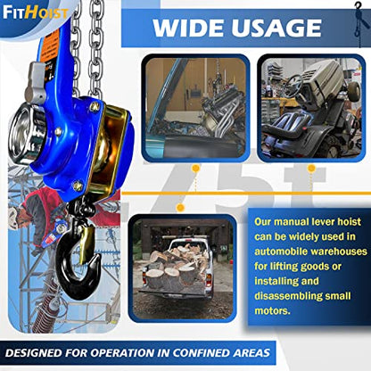 Lever Chain Hoist 1650LBS Capacity 10FT Manual Ratchet Chain Puller Hoist with 2 Hooks for Open-Air and Unpowered Operations (1650LBS 10FT)