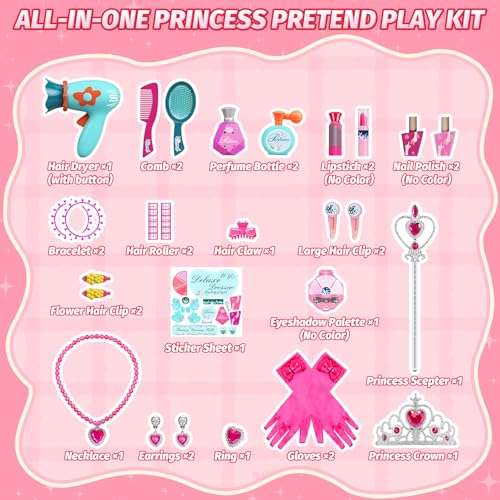 VViN Kids Vanity Set for Girls with Light & Music, Princess Vanity Table with Stool, Pretend Makeup Dresser with Crown, Scepter, Gloves & Jewelry Accessories, Toys for 3 4 5 Year Old