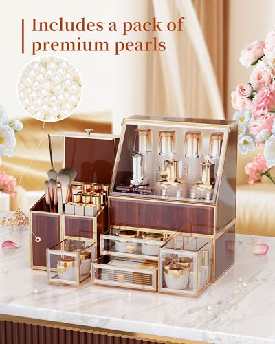 Youdepot Glass Makeup Storage for Vanity and Bathroom Countertop – Large Cosmetic Display Case and Skincare Storage Solution - color: golden yellow