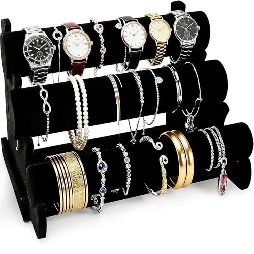 Barelove Velvet Bracelet Holder with 3 Tier Rack, Black T-Bar Storage Organizer Detachable Display Stand for Necklace Watch Bangles Bracelets Scrunchies Organization Showcase - color: Black-3017B