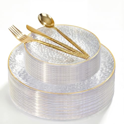 I00000 150Pcs Clear Plastic Plates with Gold Rim,Clear Disposable Plates with silverware,Gold hammer patterned plates Set include 30 Dinner Plate,30 Dessert Plate,90 Silverware Set for Party - color: Clear and gold