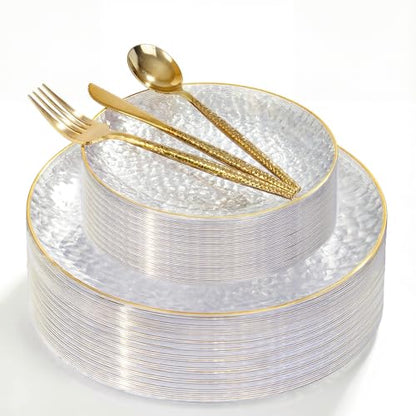I00000 150Pcs Clear Plastic Plates with Gold Rim,Clear Disposable Plates with silverware,Gold hammer patterned plates Set include 30 Dinner Plate,30 Dessert Plate,90 Silverware Set for Party - color: Clear and gold