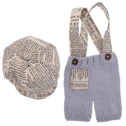 Newborn Photography Outfit Boy Newspaper Costume Set with Knitted Romper and Beret Hat Photoshoot Props for Newborn Photo Sessions