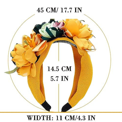 Flower Headbands for Women Boho Yellow Floral Headband Wide Autumn Wedding Hairband statement Hair Accessories(Yellow) - color: Yellow
